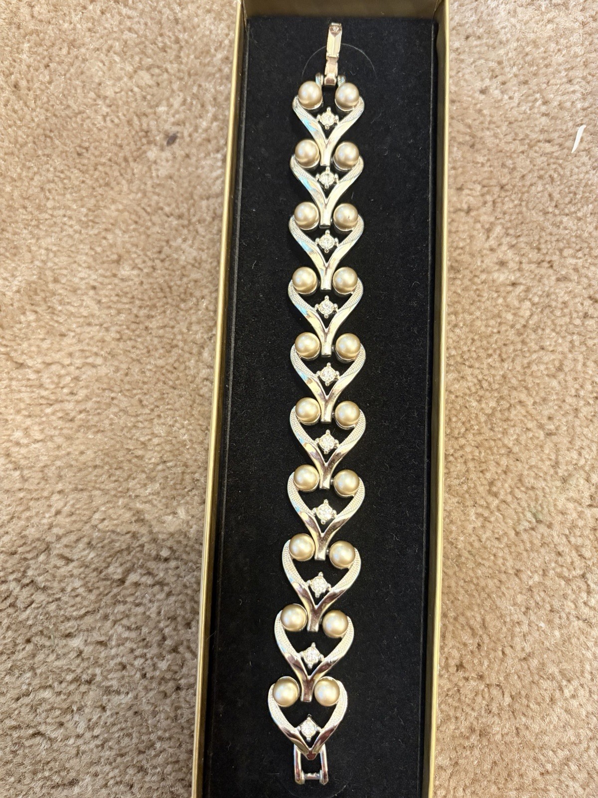 Gold Tone Heart Bar Link Bracelet w/ Imitation Pearls, Clear Crystals, Signed