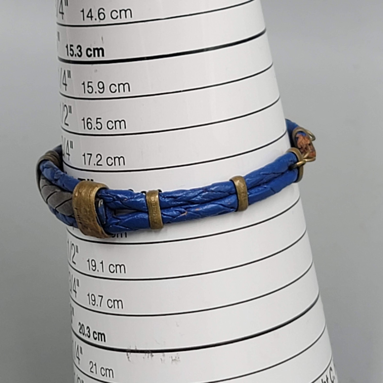 Vintage Blue Braided Leather Brass Accents Hook Clasp 7 in