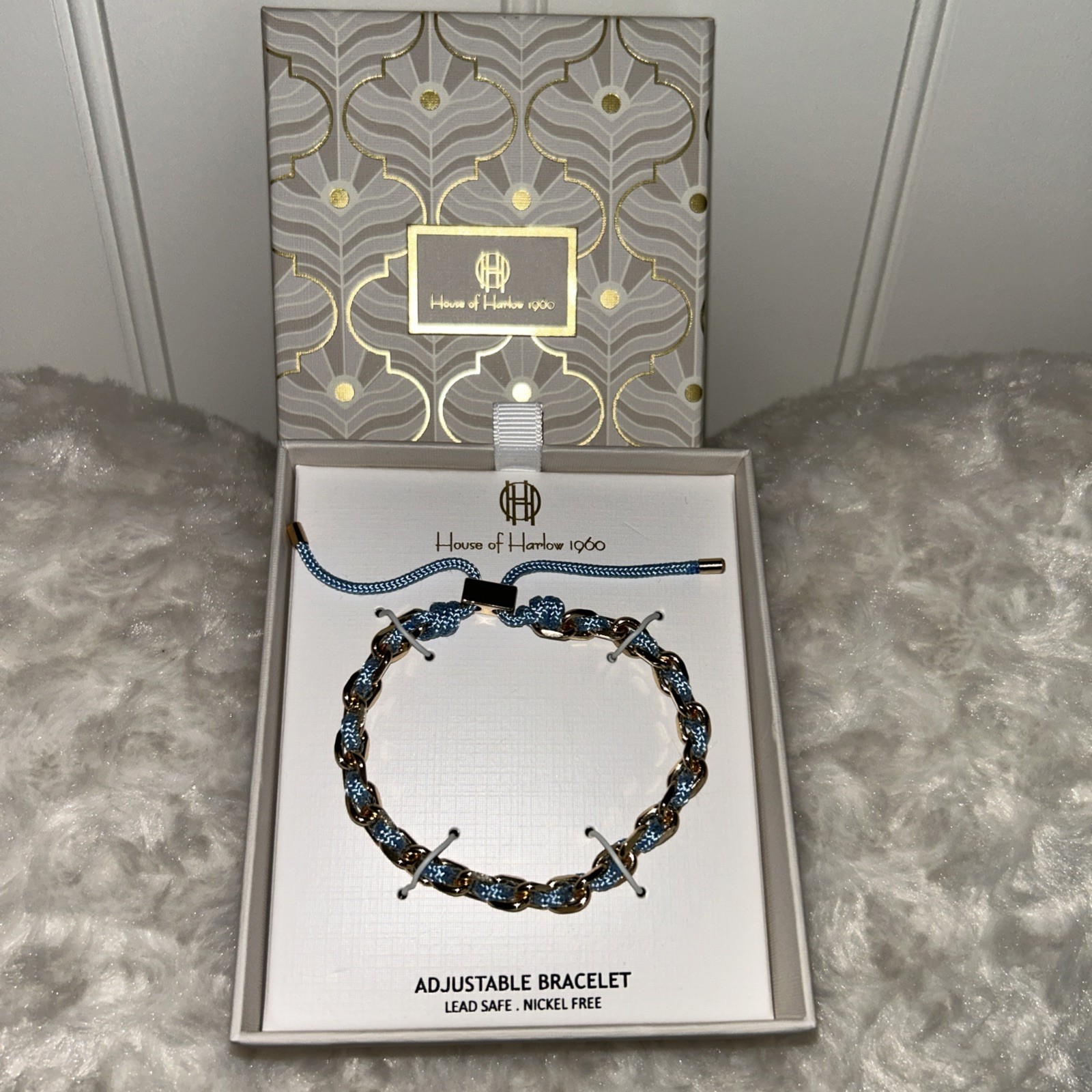 House Of Harlow 1960 Adjustable Sky Blue & Gold Bracelet Lead Safe Nickel Free