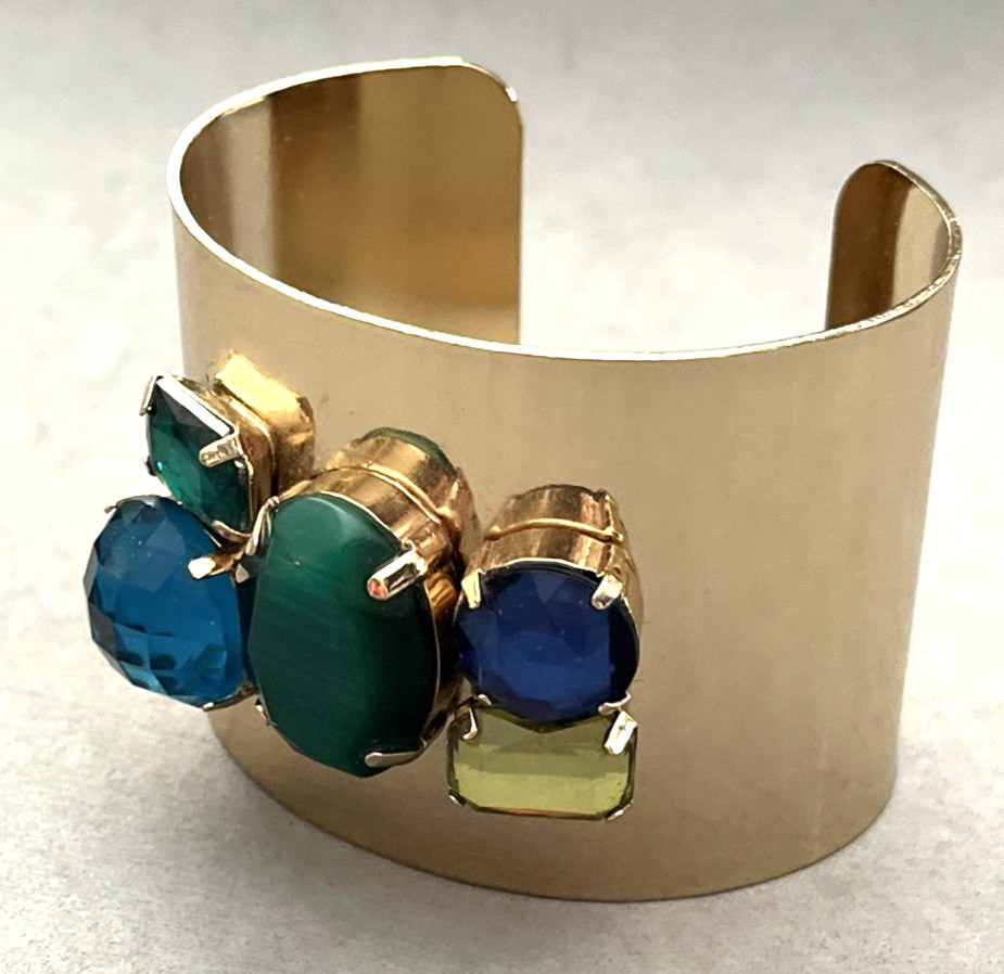 CHICO’S Rita Jeweled Rhinestone Gold Tone Metal Wide Cuff Bangle Bracelet NWT