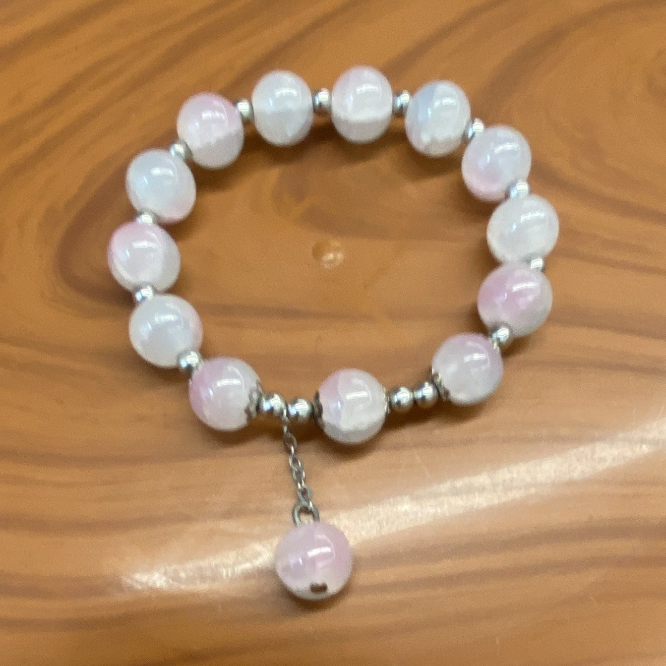 Pink & White Round Beaded Stretch Bracelet with Dangle Charm