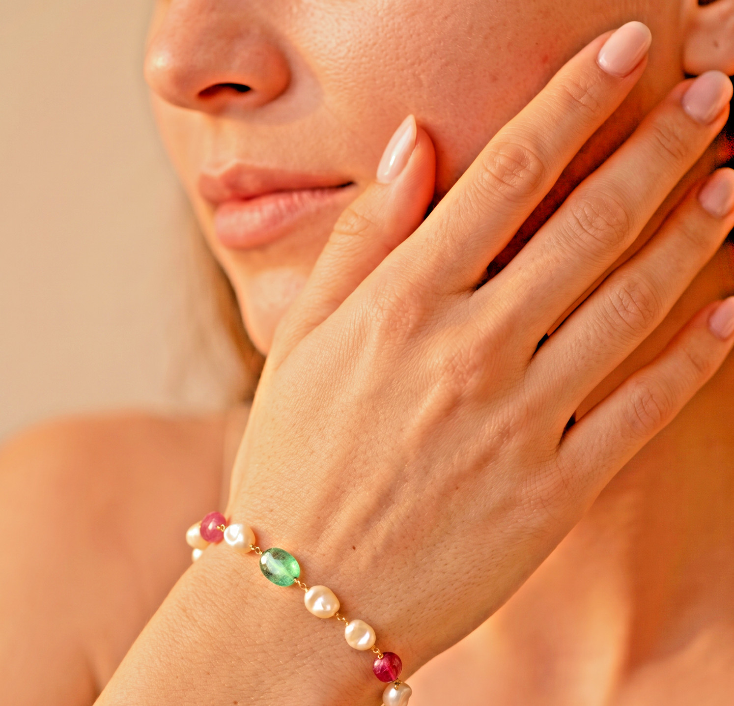 14KT Gold Multi Gemstone Pearl Bracelet Natural Emerald Ruby Tourmaline Beaded
