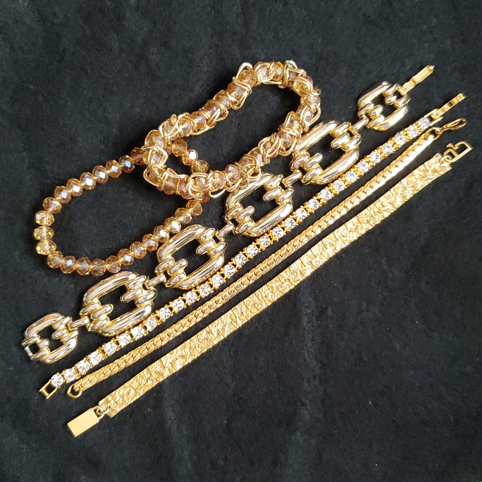 Gold Tone Bracelet Lot of 6 Chain Rhinestone Beaded 7.5-8″ Vintage Modern