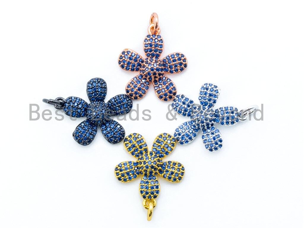 16mm CZ Cobalt Blue Micro Pave Flower Pendant Gold/Silver/Black/Rose Gold