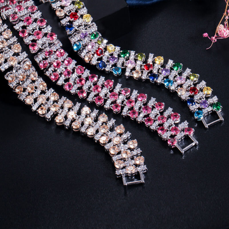 Silver Plated Wedding Blue Cubic Zirconia Wide Tennis Bracelet for Women Jewelry