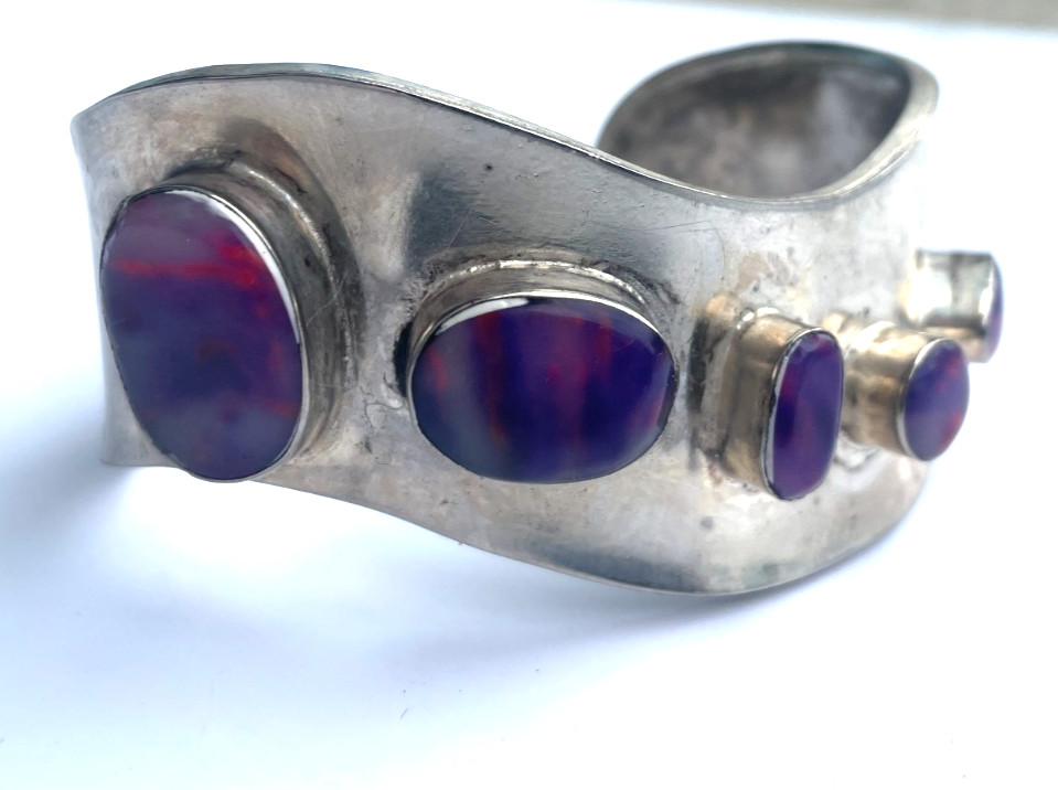 Purple Oval Cabochons Stone Adjustable Silver Tone Metal Cuff Bracelet Mexico