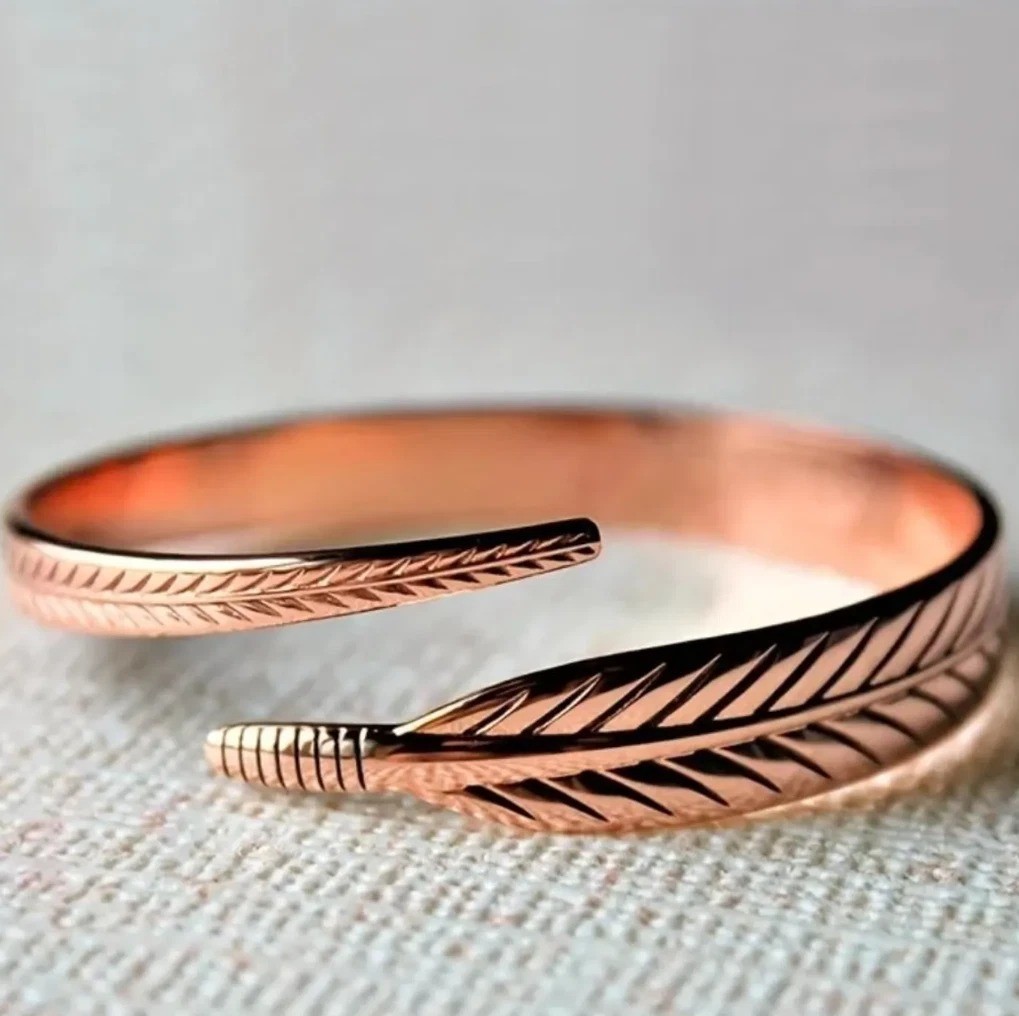 Pure Copper Feather Cuff Bracelet Adjustable Boho Open Bangle Nature Inspired