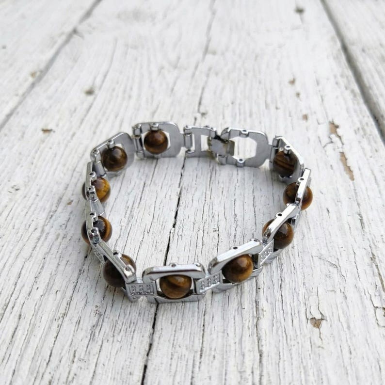 Tiger Eye Silver-Plated Bracelet, Golden Brown Stone Links, Protective Jewellery