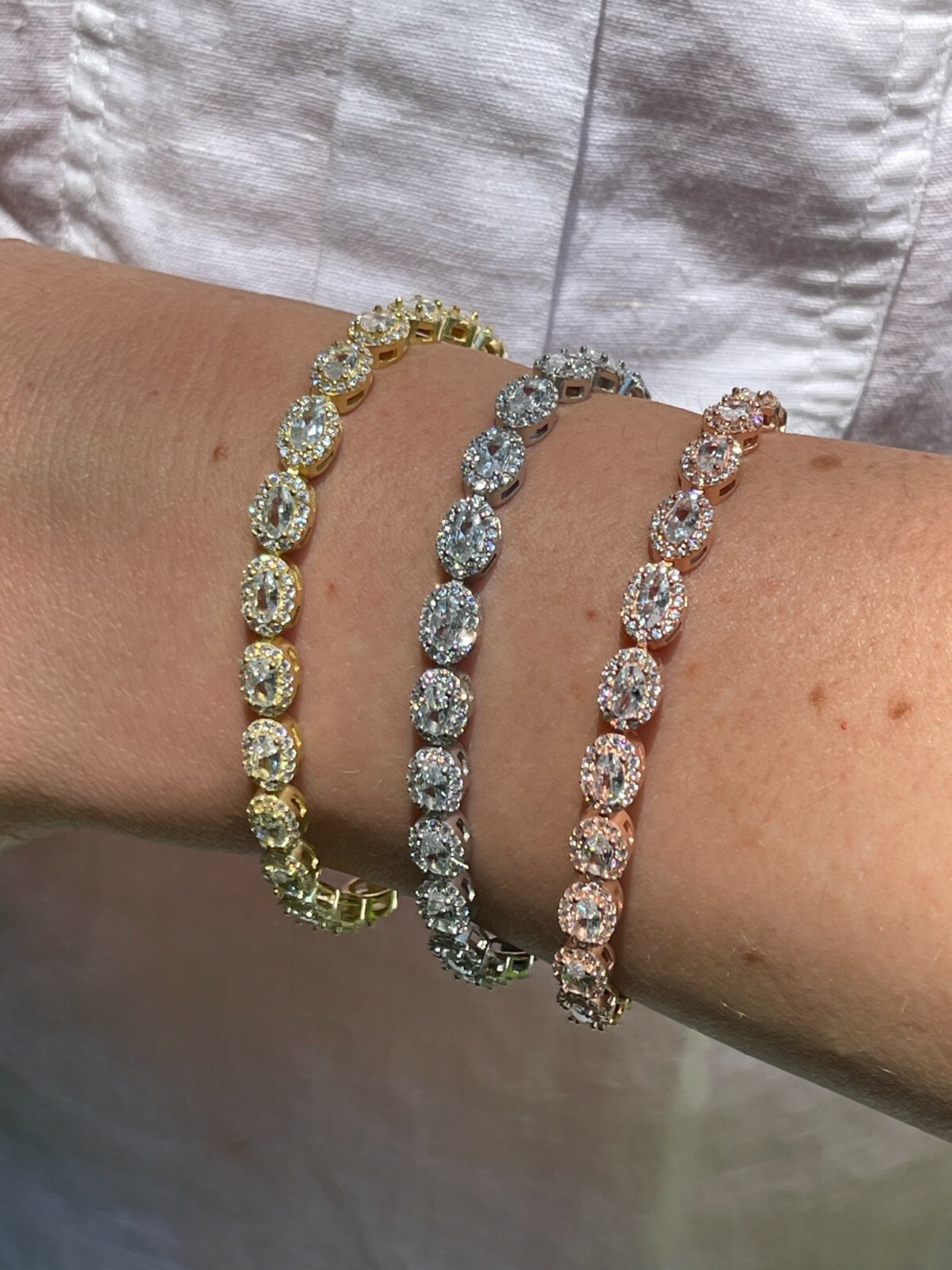 Real 925 Silver Yellow Rose Gold Plated Oval Tennis CZ Flower Ladies Bracelet