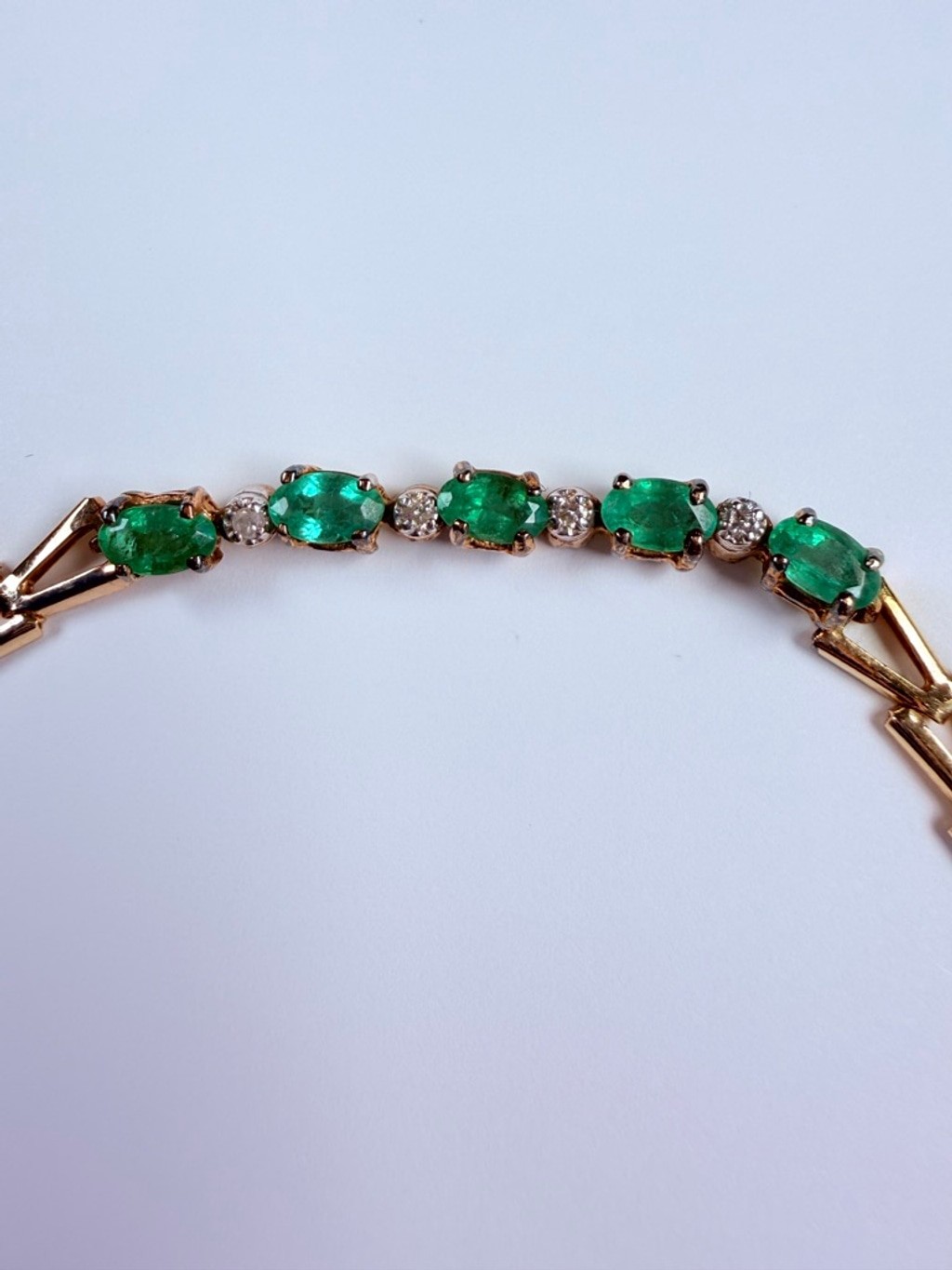 14K Solid Yellow Gold Emerald & Diamond VTG Chevron Arrow Link Tennis Bracelet