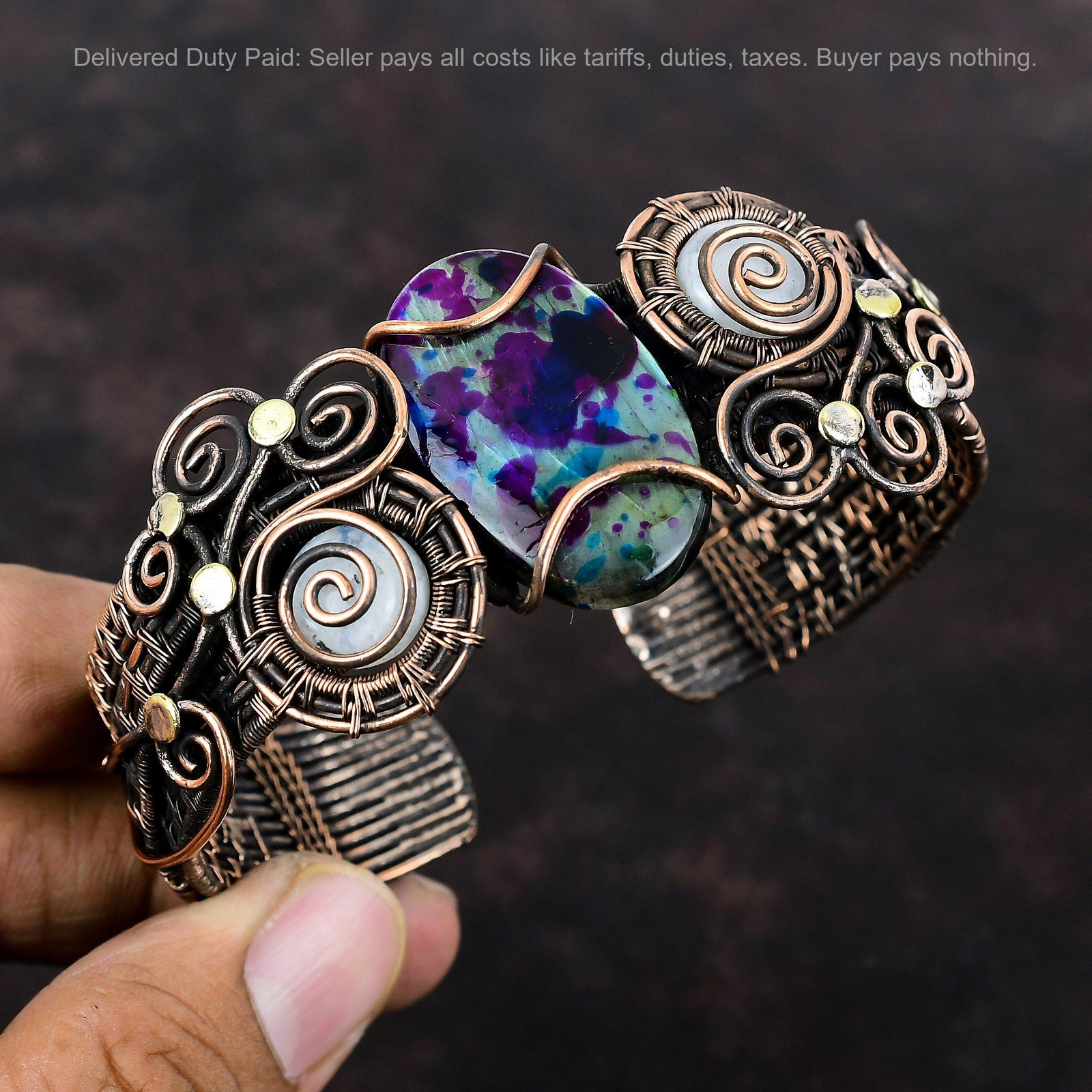 Copper Mystic Fire Labradorite Stone Rainbow Moonstone Wire Wrap Cuff Bracelet