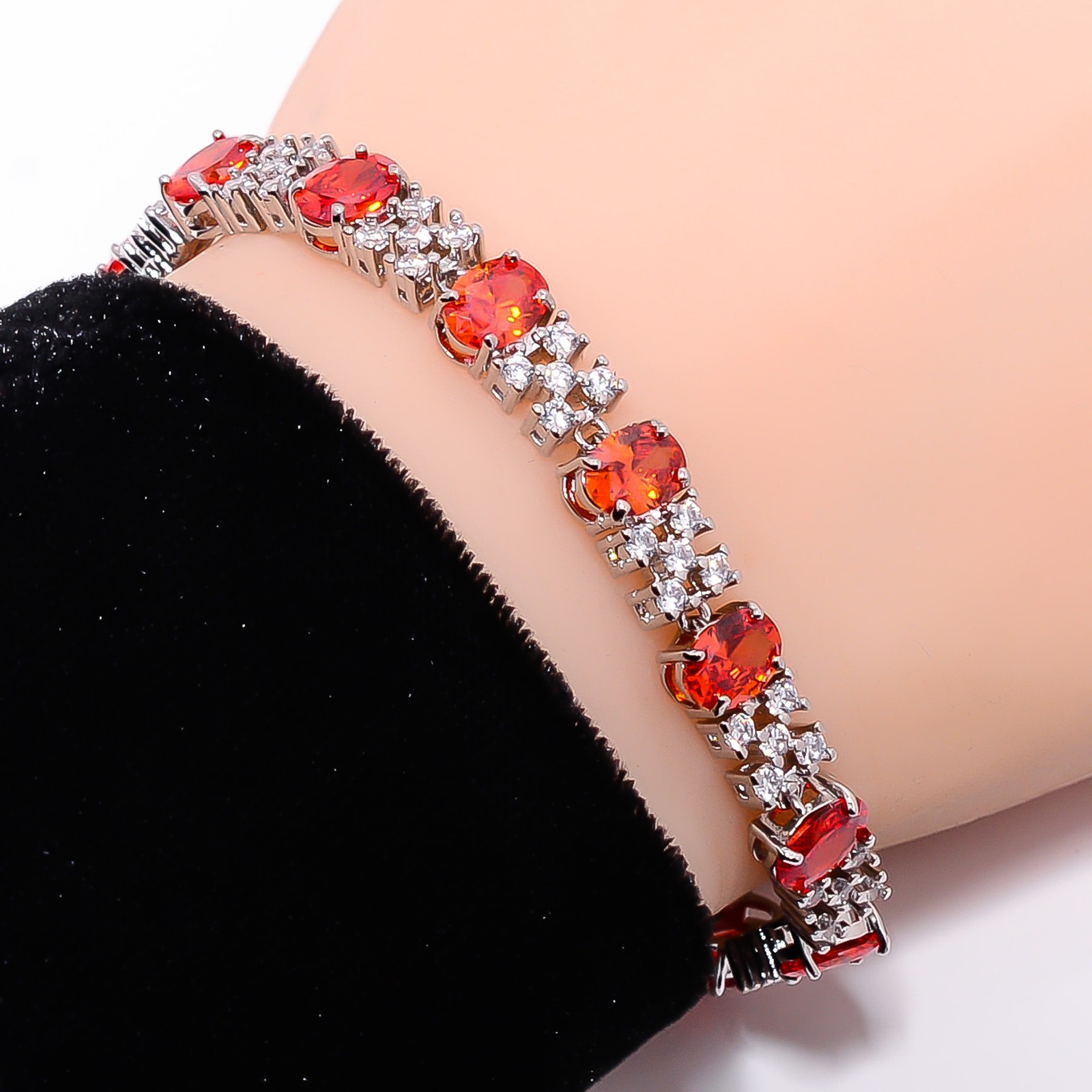 Red Garnet, CZ 925 Sterling Silver Adjustable Bracelet 7-8″ B13456