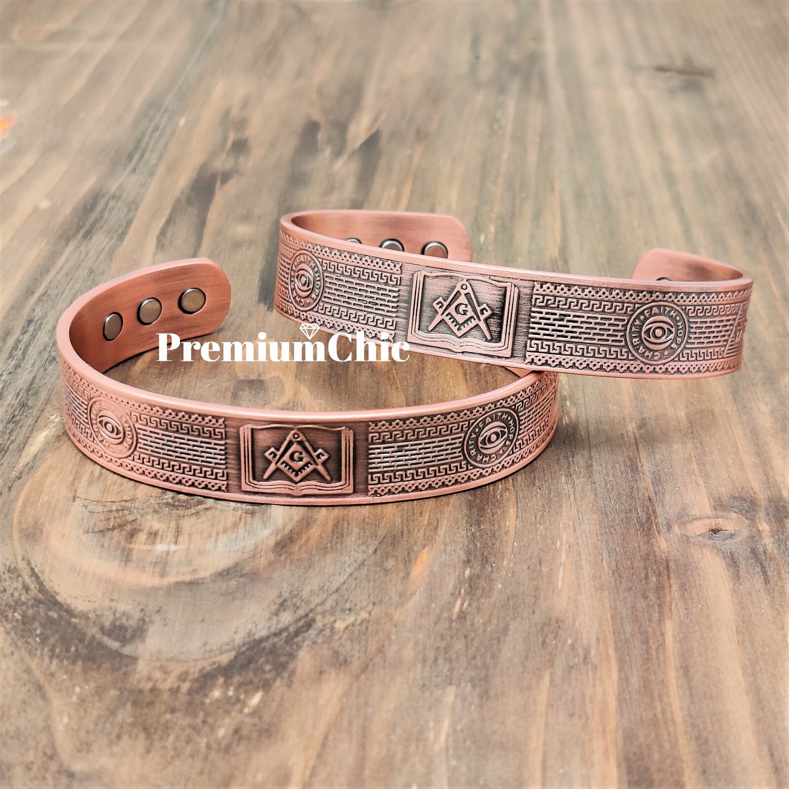SOLID COPPER Magnetic Bracelet Arthritis Pain Therapy Energy Cuff Masonic Theme