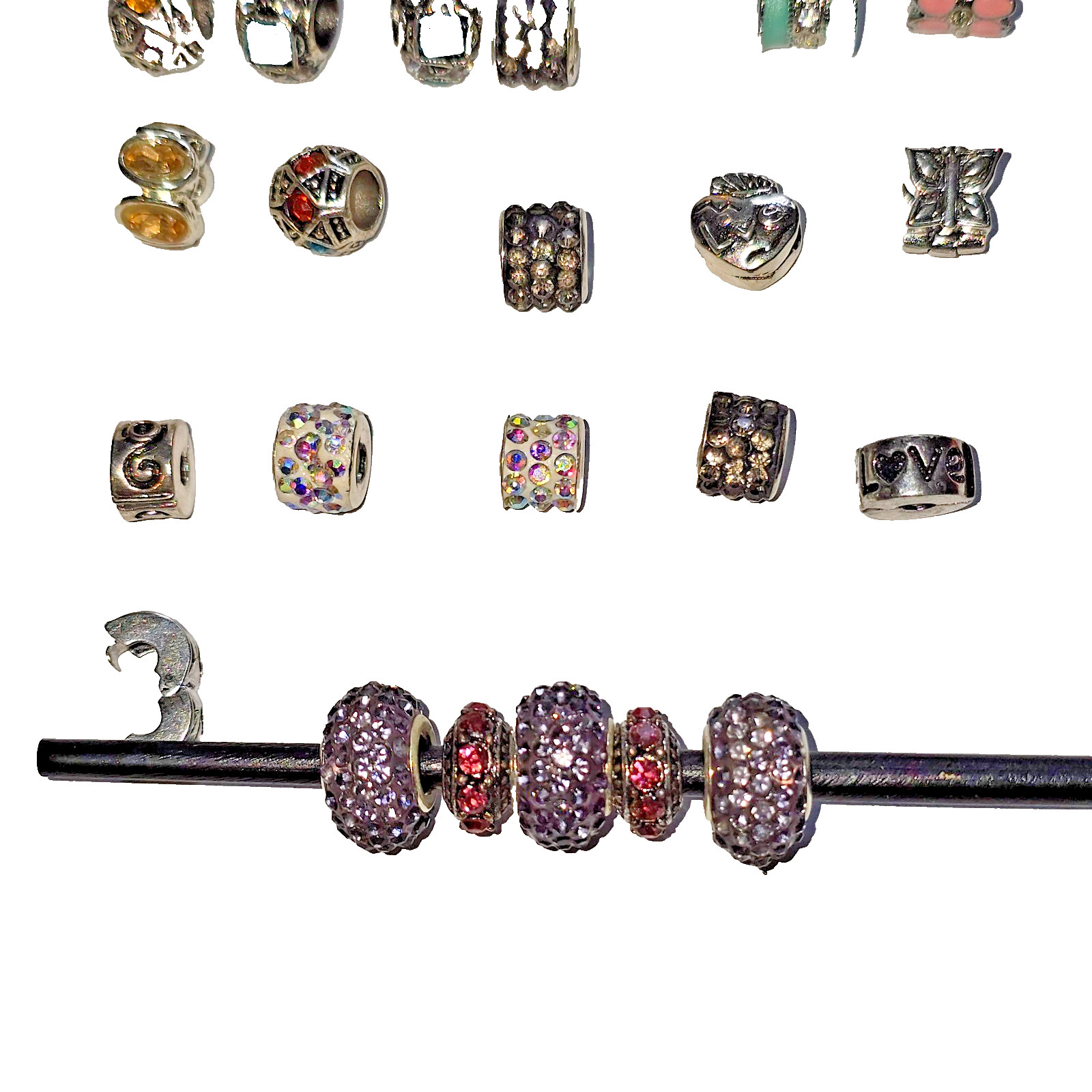 Lot of 28 European Charm Beads Dangle Rhinestone Enamel Silver Tone Bracelet Mix