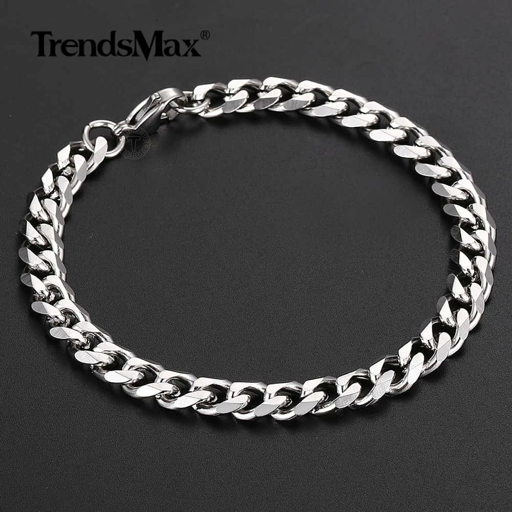7mm Curb Cuban Link Chain Stainless Steel Bracelet for Men Silver Tone