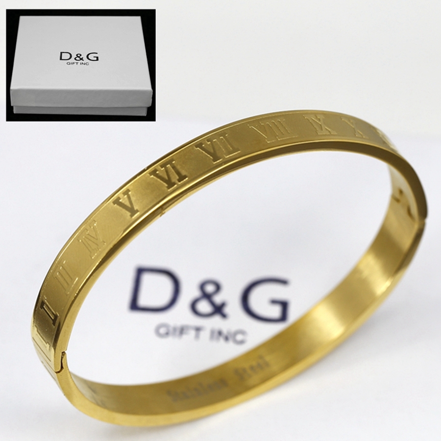 DG Women’s Stainless Steel 6.5″ Gold plated,Roman-Numeral,Bangle Bracelet.BOX