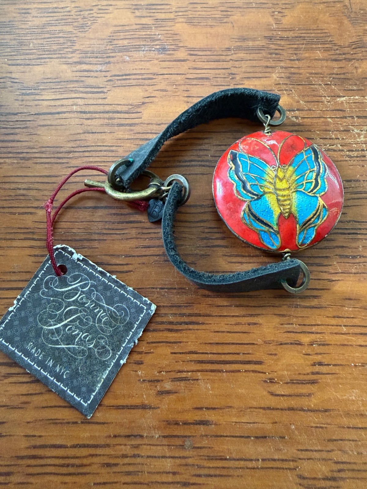 Bonnie Jonas Enamel Butterfly Bracelet Leather Strap Artisan NYC Y2K
