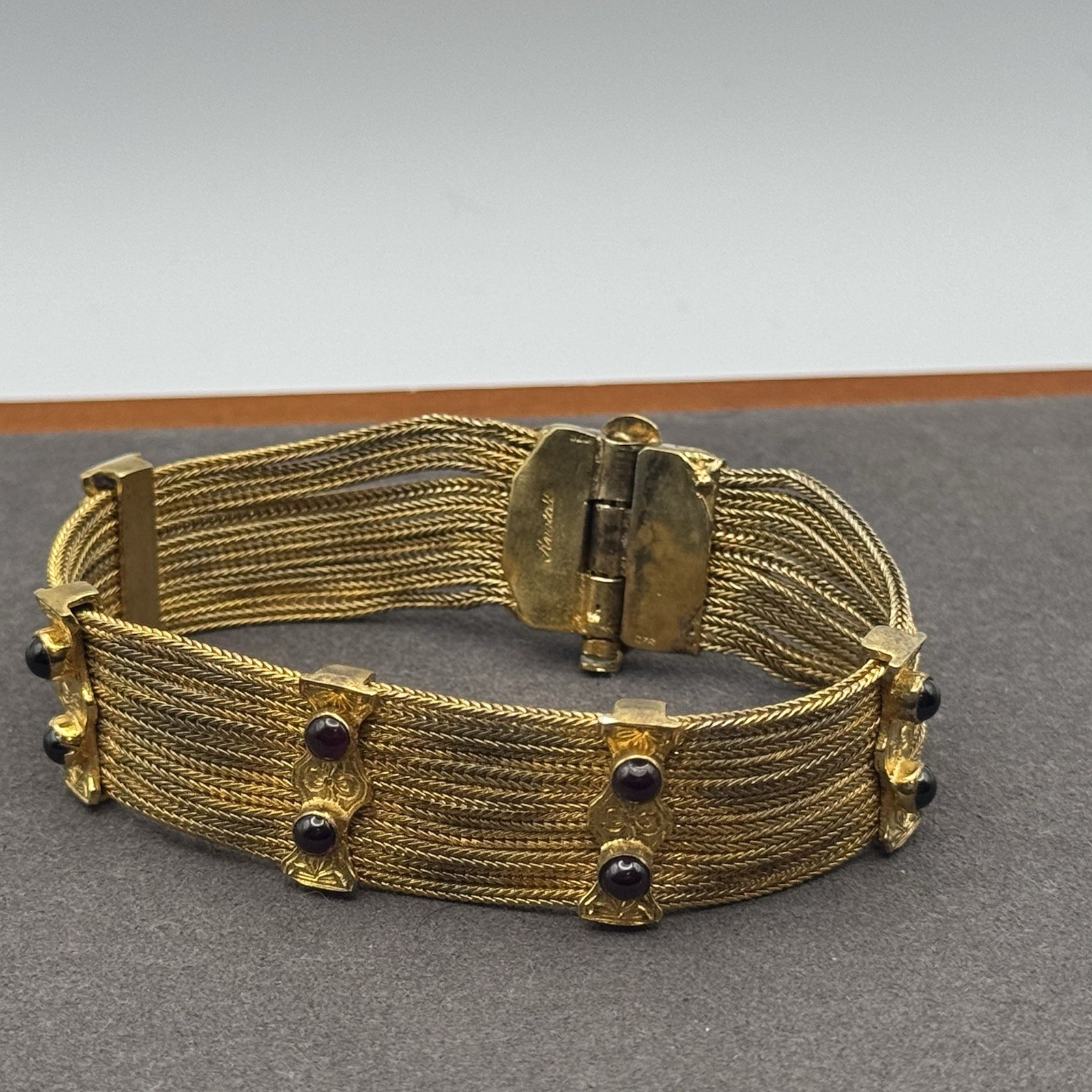 Gomosevi Anatoli 925 Engraved Gold Tone Garnet Multi Strand Woven Mesh Bracelet