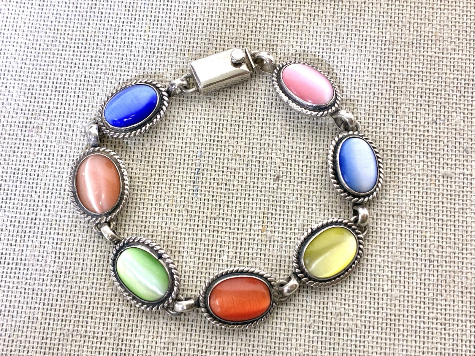 925 Sterling Silver Mexico Multicolor Cat Eye Link Bracelet 7.5” Colorful