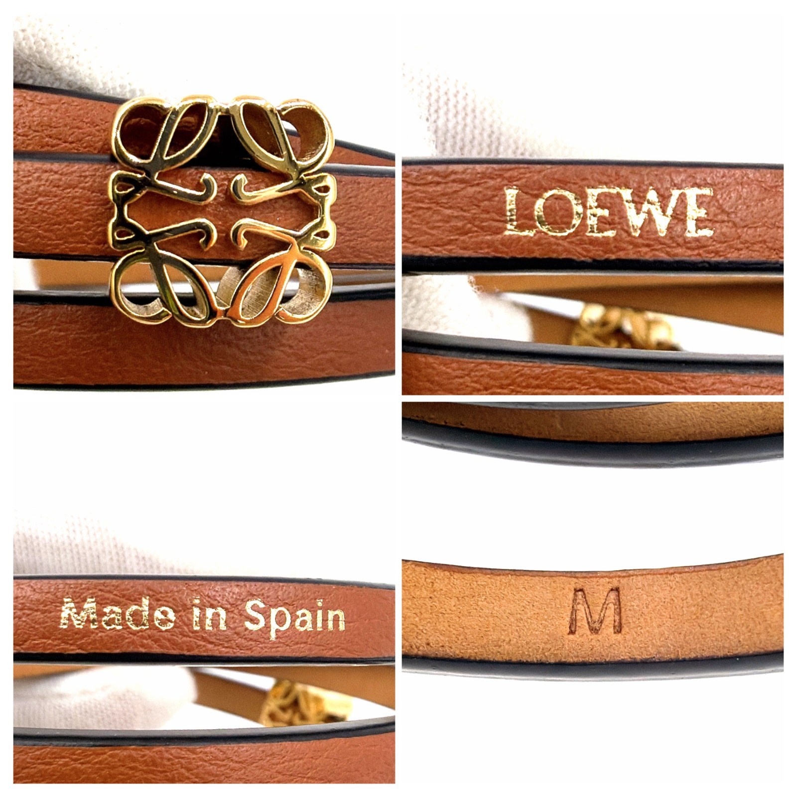 LOEWE Anagram Wrap Bracelet Brown Tan Leather Gold Plated Size M Spain Auth