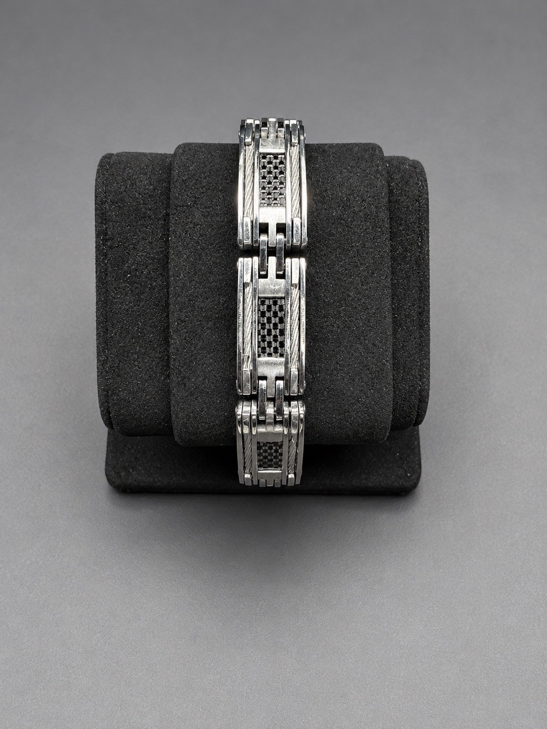 Stainless Steel Bar Link Bracelet Silver/Black Fold-Over Clasp 8 in