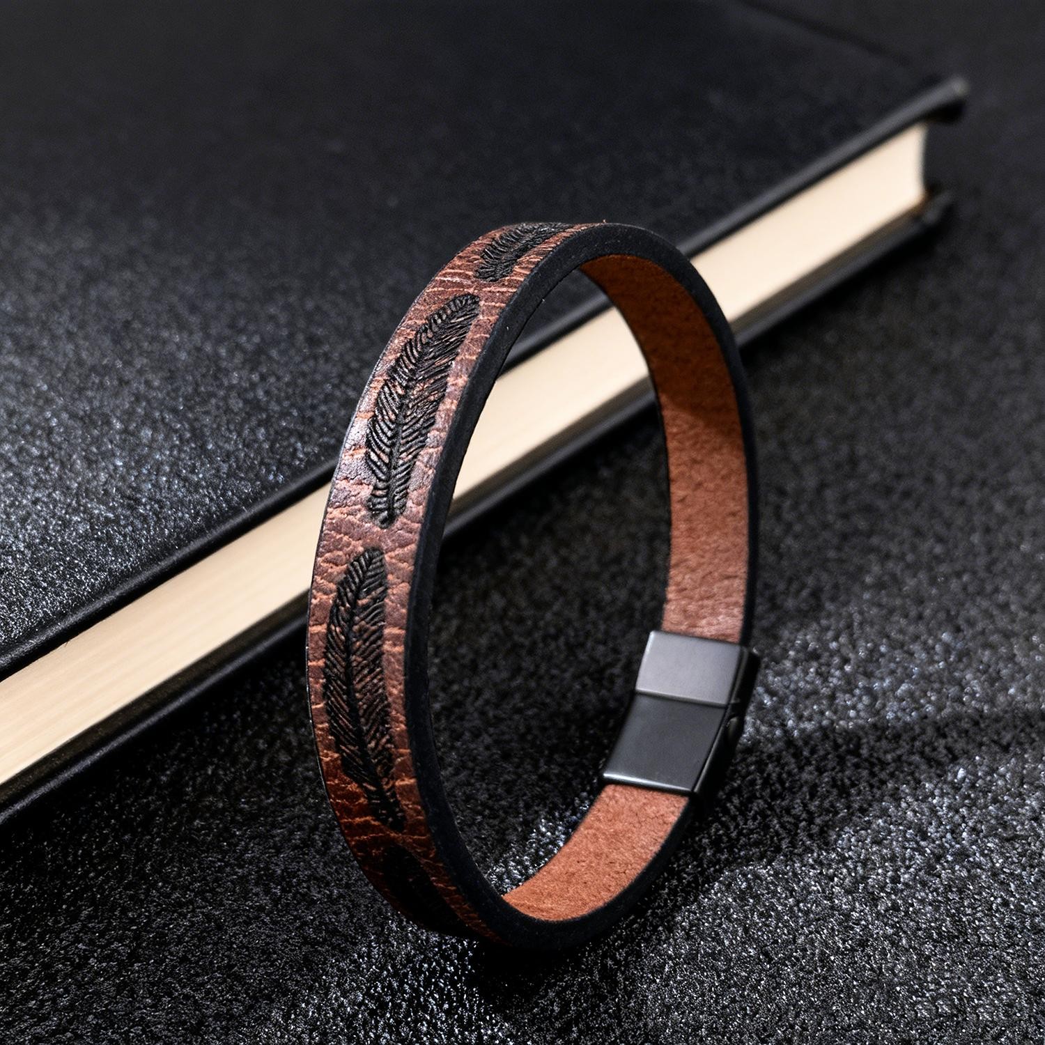 Feather Pattern Leather Cord Bracelet Unisex Minimalist Bohemian Jewelry