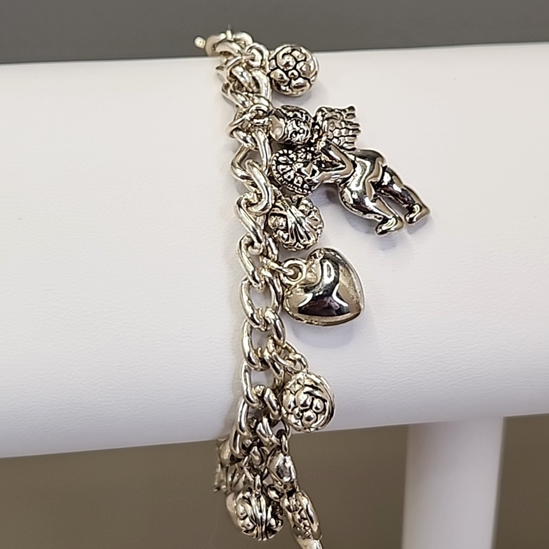 Heart Charm Bracelet Cherub Dangles Silver Tone Angels 7.5″