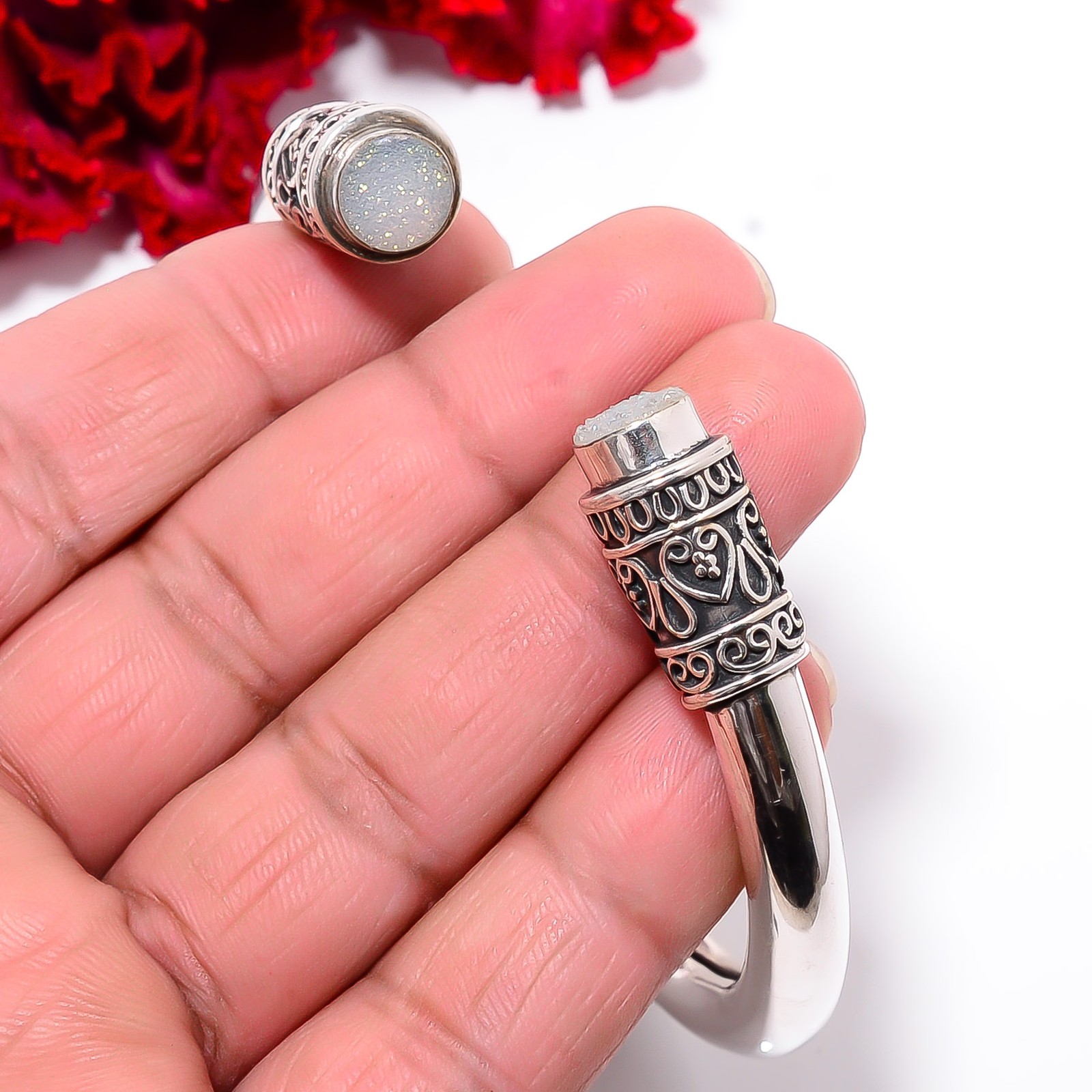 Snow White Titanium Agate Drusy 925 Sterling Silver Bali Cuff|C1000394134