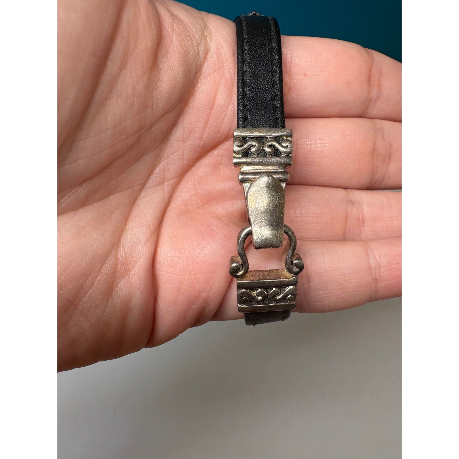 Black Leather Gothic Cross Bracelet Silver Tone Magnetic Clasp Enamel Charms