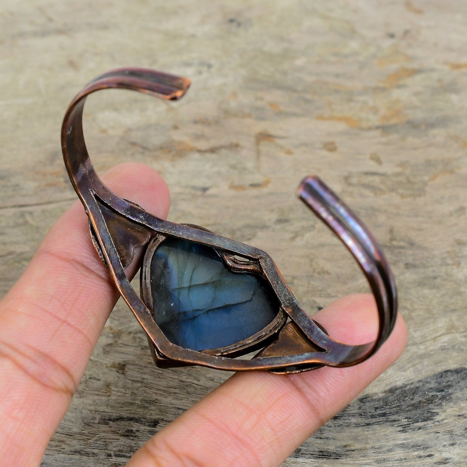 Gift For Women Jewelry Electroformed Heart Adjustable Bangle Copper Labradorite