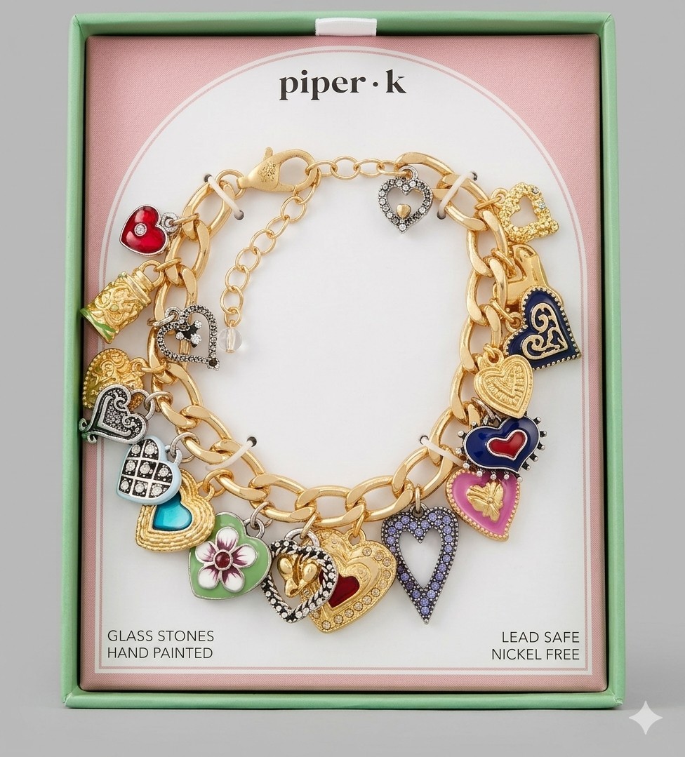 Piper . K Bracelet Glass Stones Hand Painted Lead Safe Nickel Free Heart Shapes