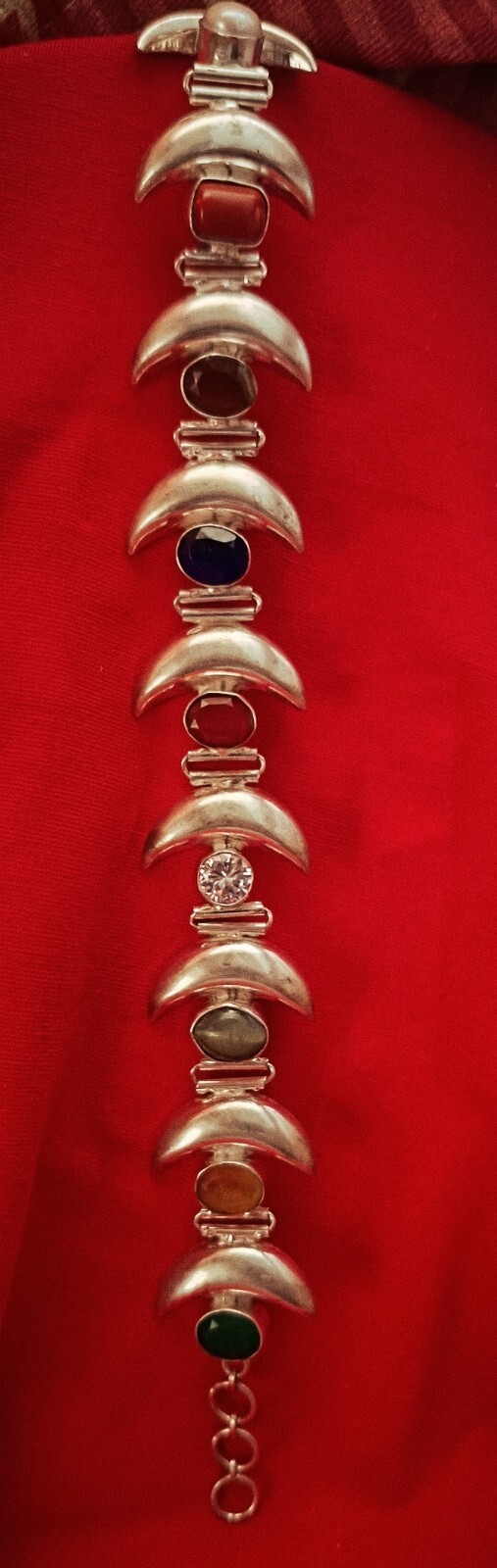 Beauty Navratna Artificial Multicolor Gemstone Silver Moon Bracelet for Unisex