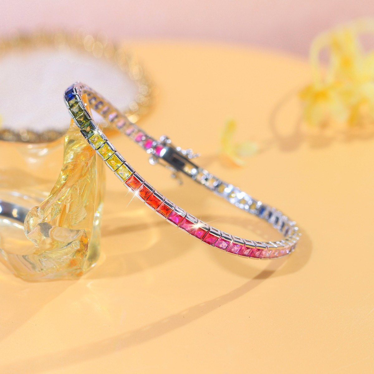 3mm Rainbow Square Cubic Zirconia CZ Tennis Bracelet Women Silver Plated Jewelry