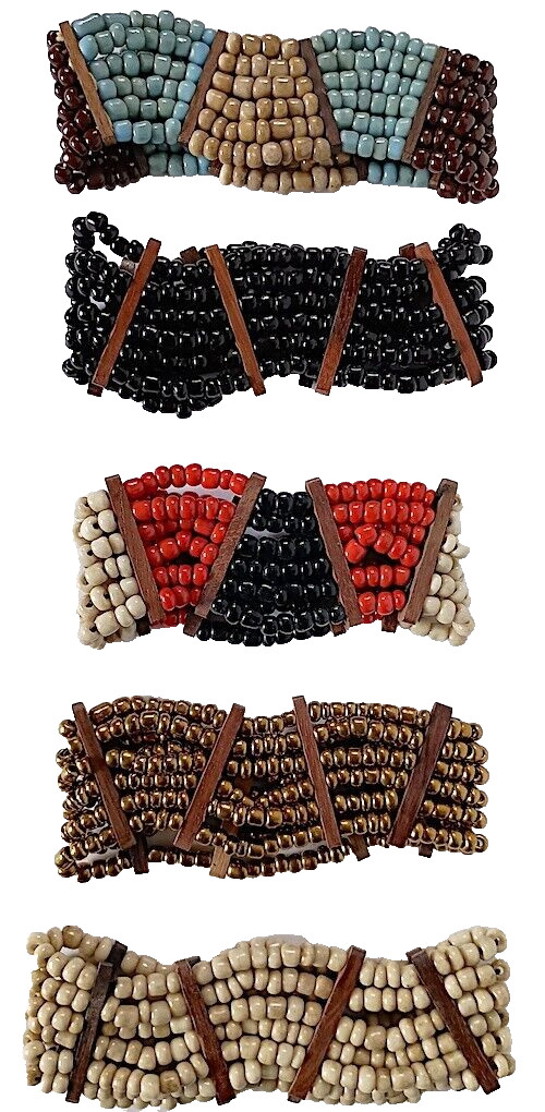 Elastic Bracelet, Red, Tan & Black, Glass & Wood Beaded Stretch, 6.5 to 8″