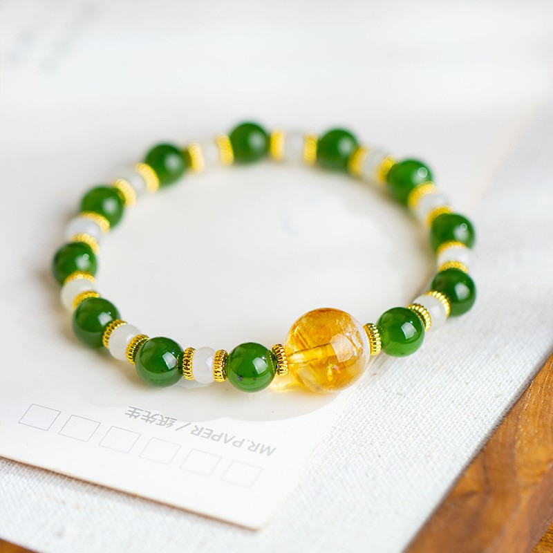 8mm Natural Jadeite Yellow Pagoda Crystal Alloy Bracelet Original Design
