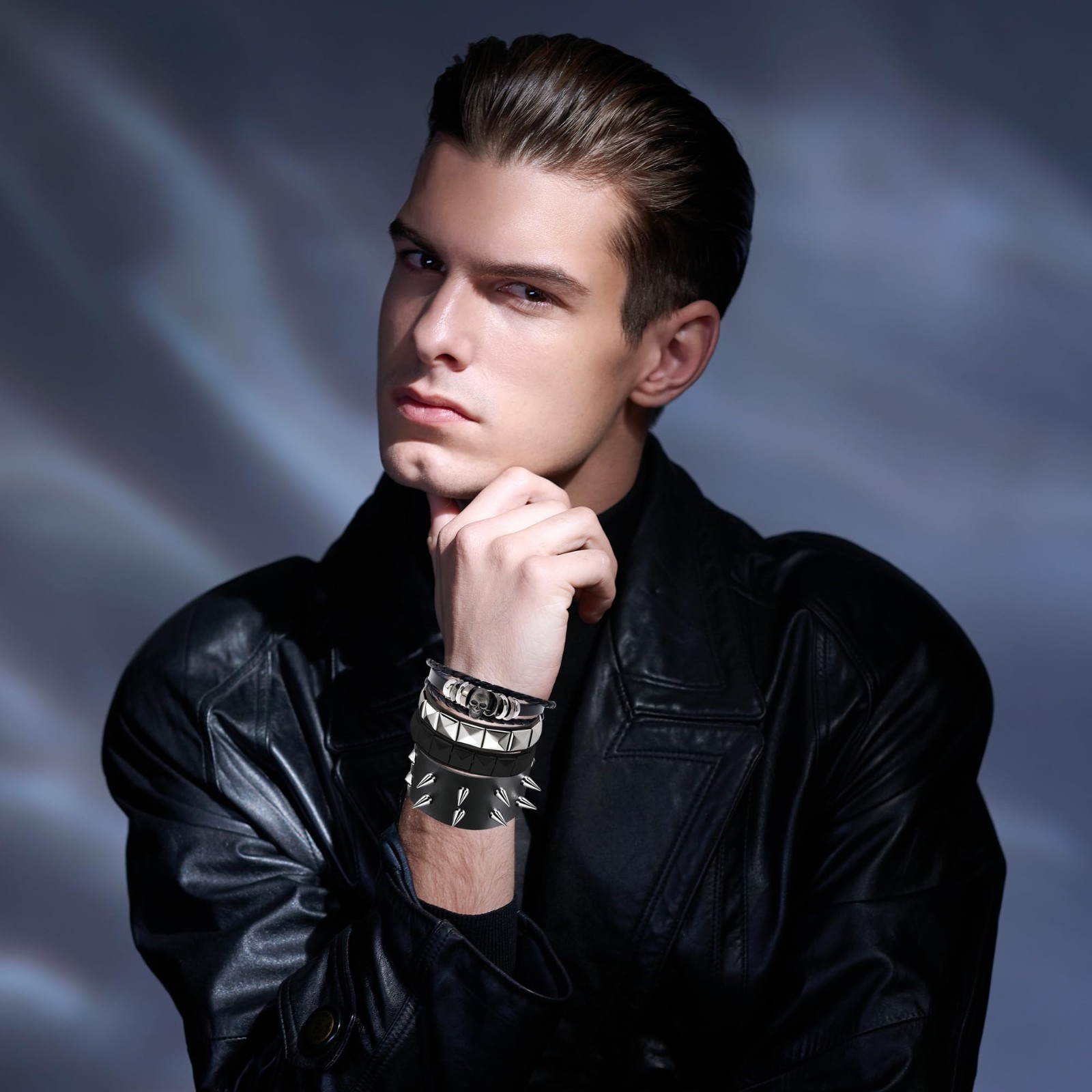 12 Spiked Studded Bracelets Set – Black Leather Cuff Rivet Gothic Punk Accessori