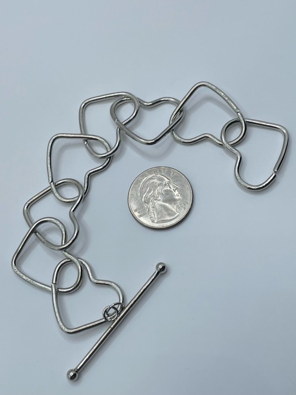 Silver Tone Heart Link Bracelet Modern Toggle Clasp