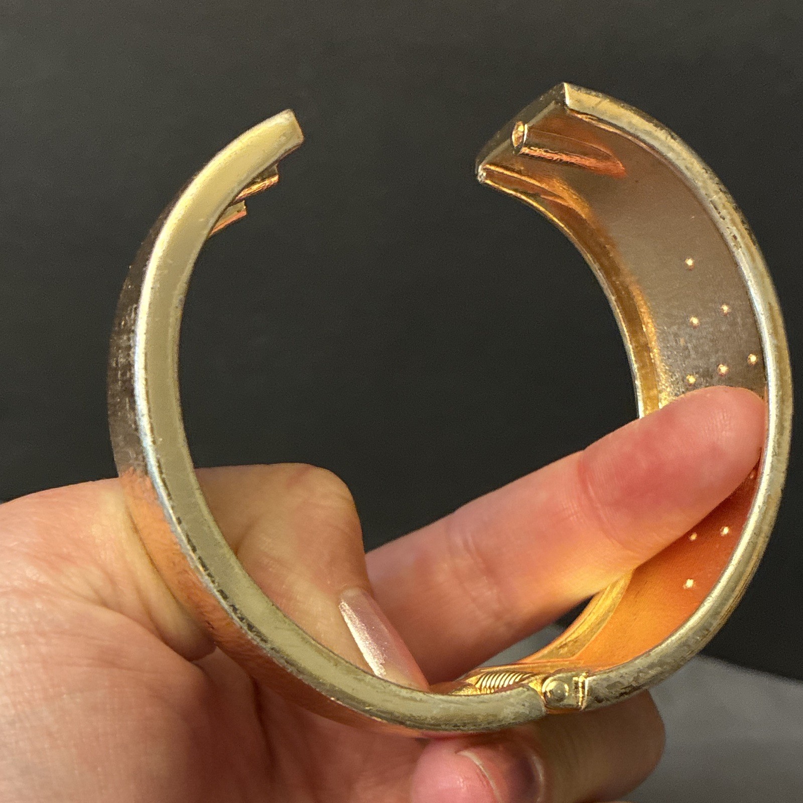 Gold Tone Wide Hinged Bangle Bracelet w/ Round Clear Bezel-Set Crystals