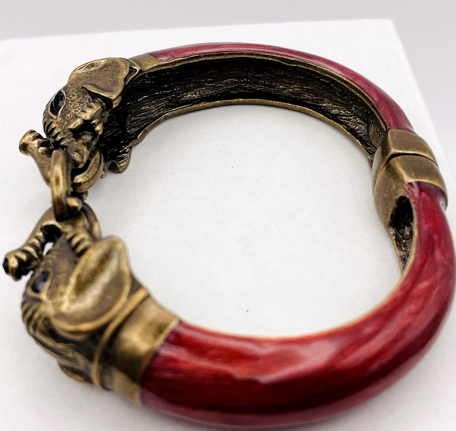 Chico’s Double Elephant Hinged Bangle Bracelet Bronze Tone Enamel