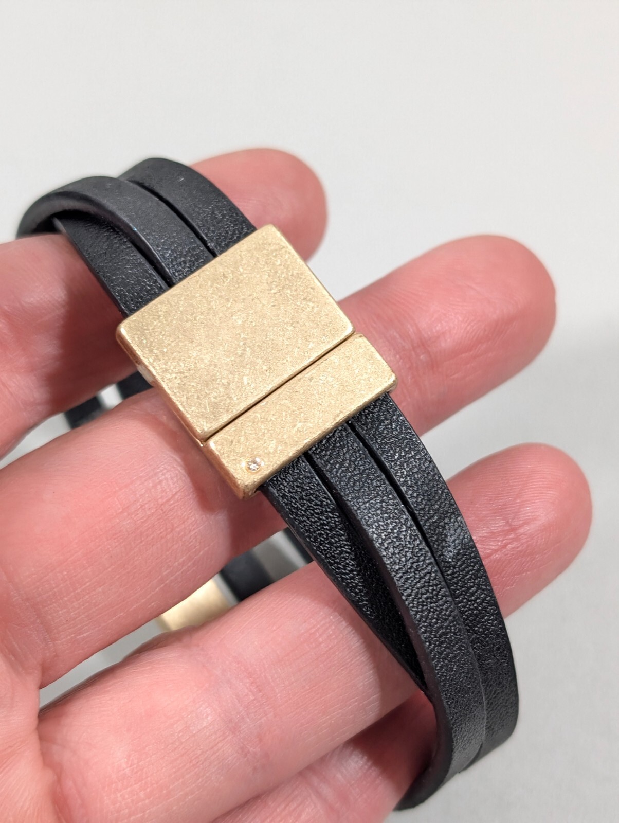 Gold Tone Matte Three Row Faux Black Leather Magnetic Bracelet 7 in Boho Western