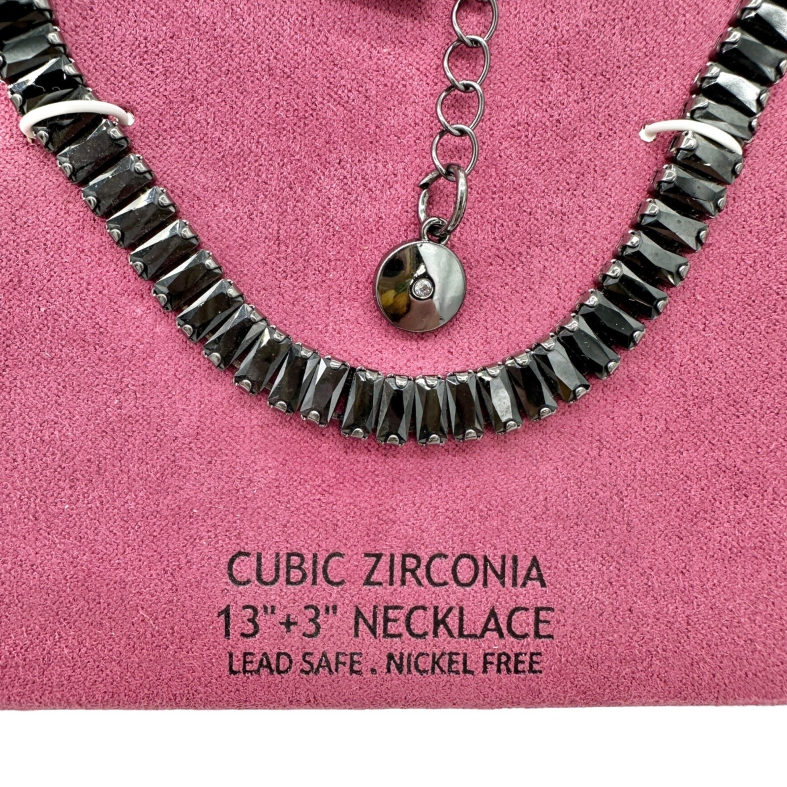 Pink Linen Necklace Black Cubic Zirconia Adjustable Lead Safe Nickel Free in Box