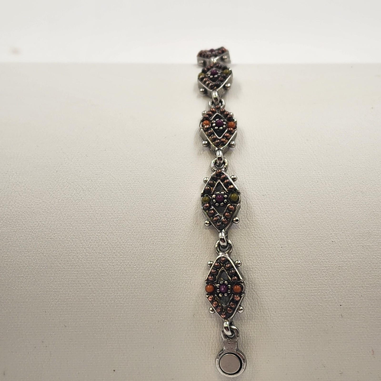 Silver Tone Bracelet Orange Brown Beaded Quartz Diamond Chain Magnetic 7″