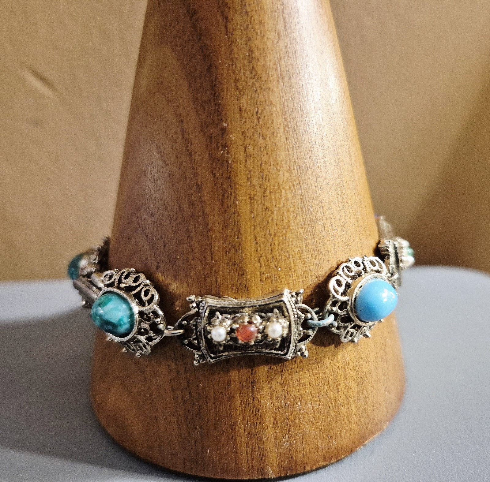 Vintage Signed ART Multi Stone Panel Bracelet Victorian Revival Cabochon 1960s