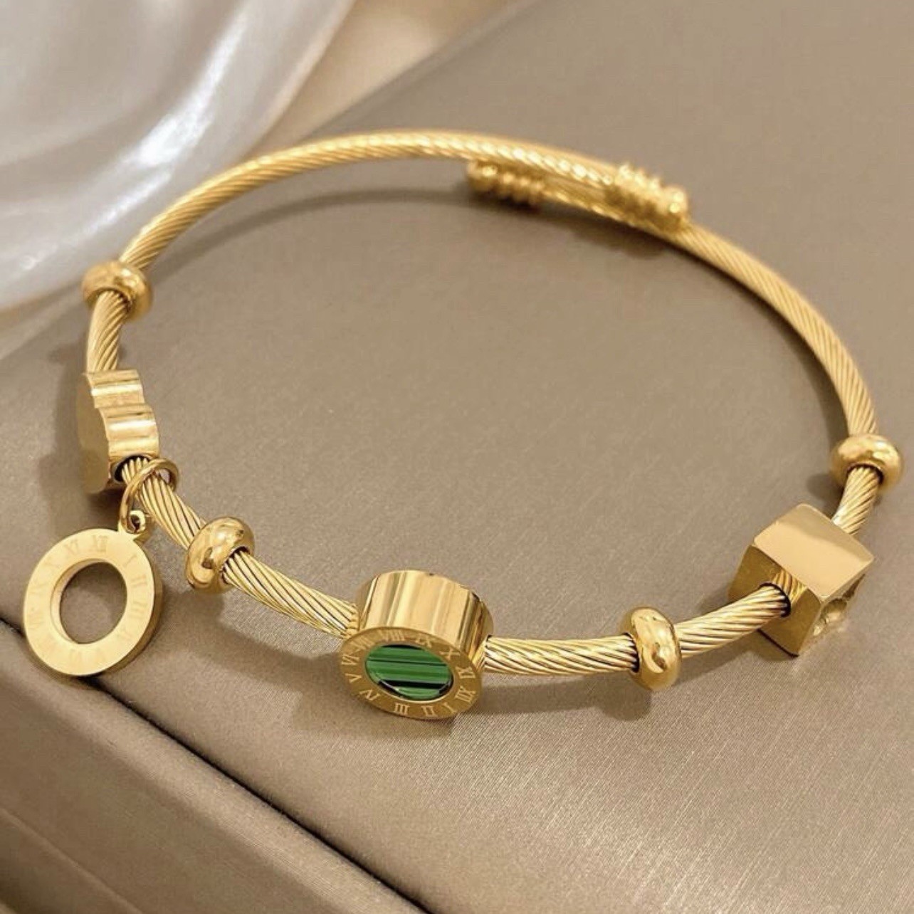 Gold Tone Charm Bangle Bracelet Roman Numeral Heart Charm Stainless Steel