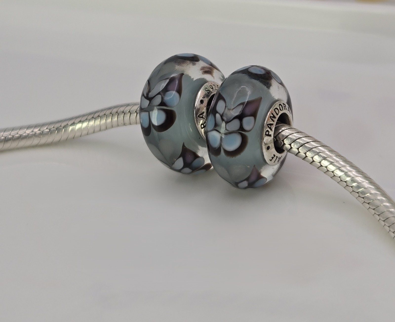 Authentic Pandora Pair of Blue Butterfly Kisses bug Charms Murano Glass