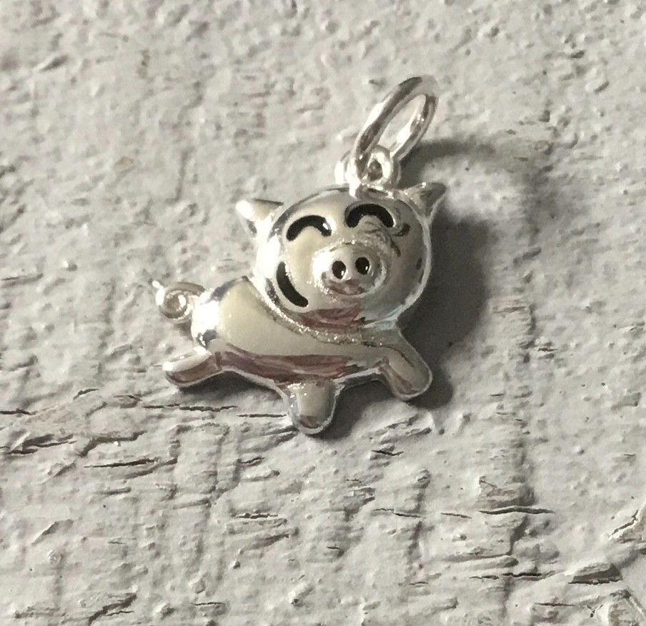 PIG Sterling Silver Charm 5/8″ x 3/8″ (TINY) Black accents, Jump Ring Included