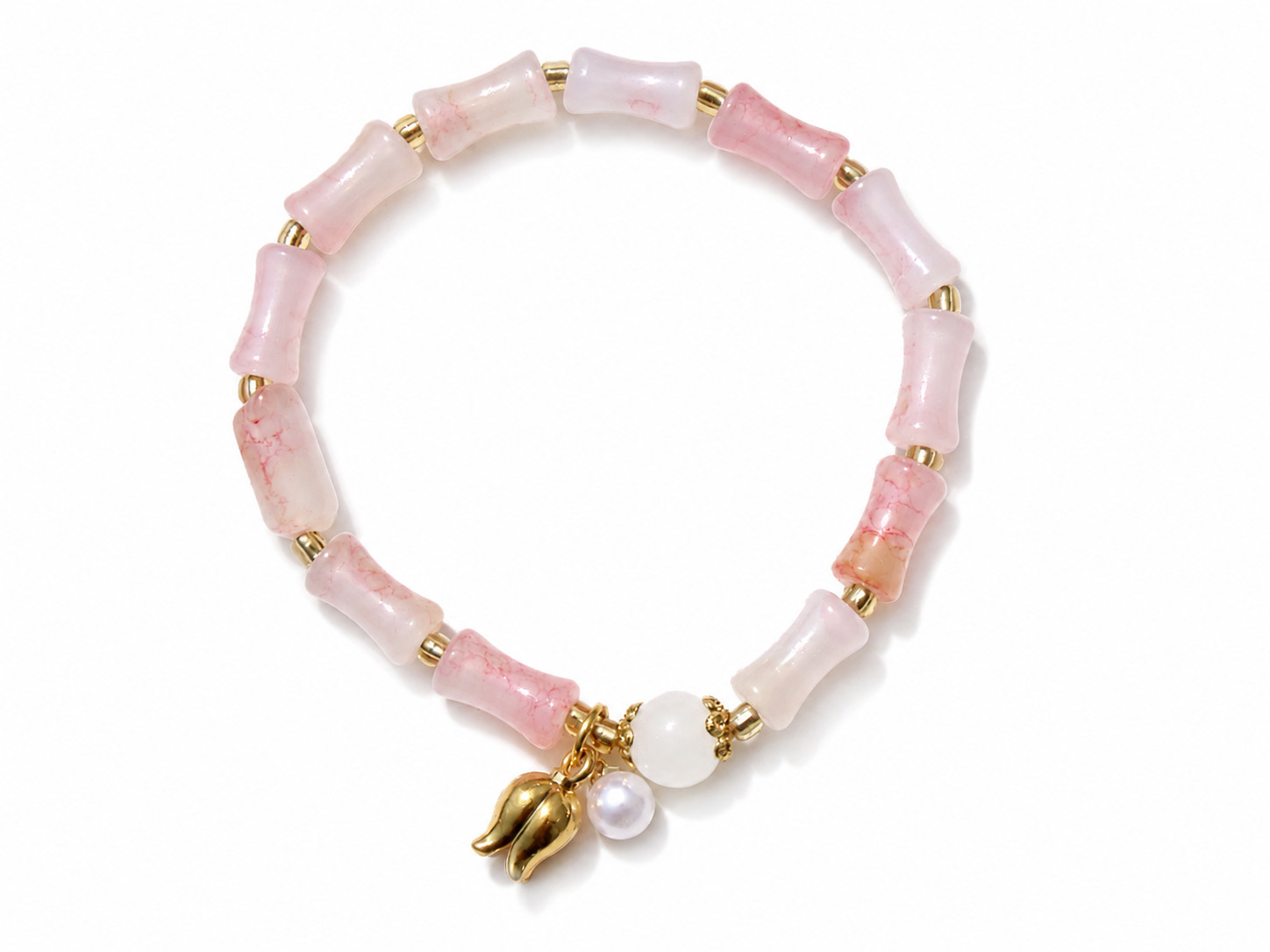 Pink Bamboo Glass Bead Stretch Bracelet Pearl & Gold Flower Charm Gift for Her