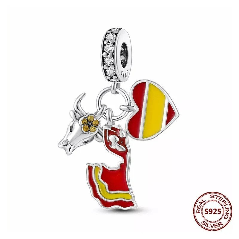 Spain Bull Flamenco Dancer 925 Sterling Silver Charm for Bracelet