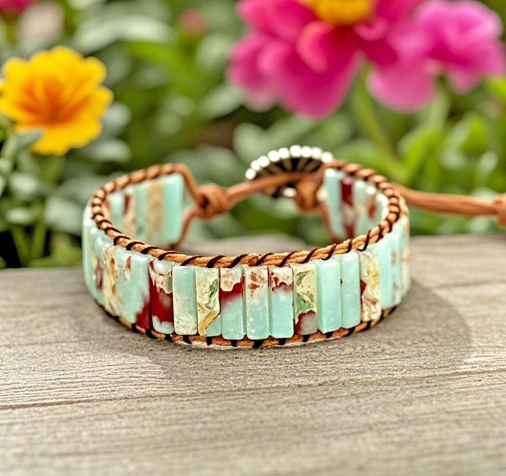 Natural Handmade Sea Sediment Jasper Gemstone Beaded Tube Stone Braided Bracelet