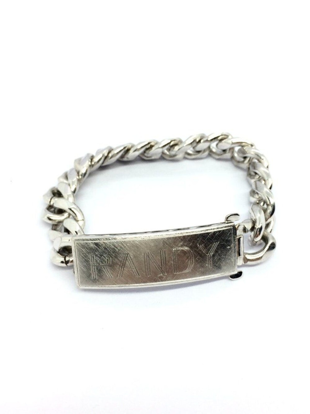 VINTAGE ID BRACELET Slver Tone Curb Chain Randy Name Plate 8 Inch Mens